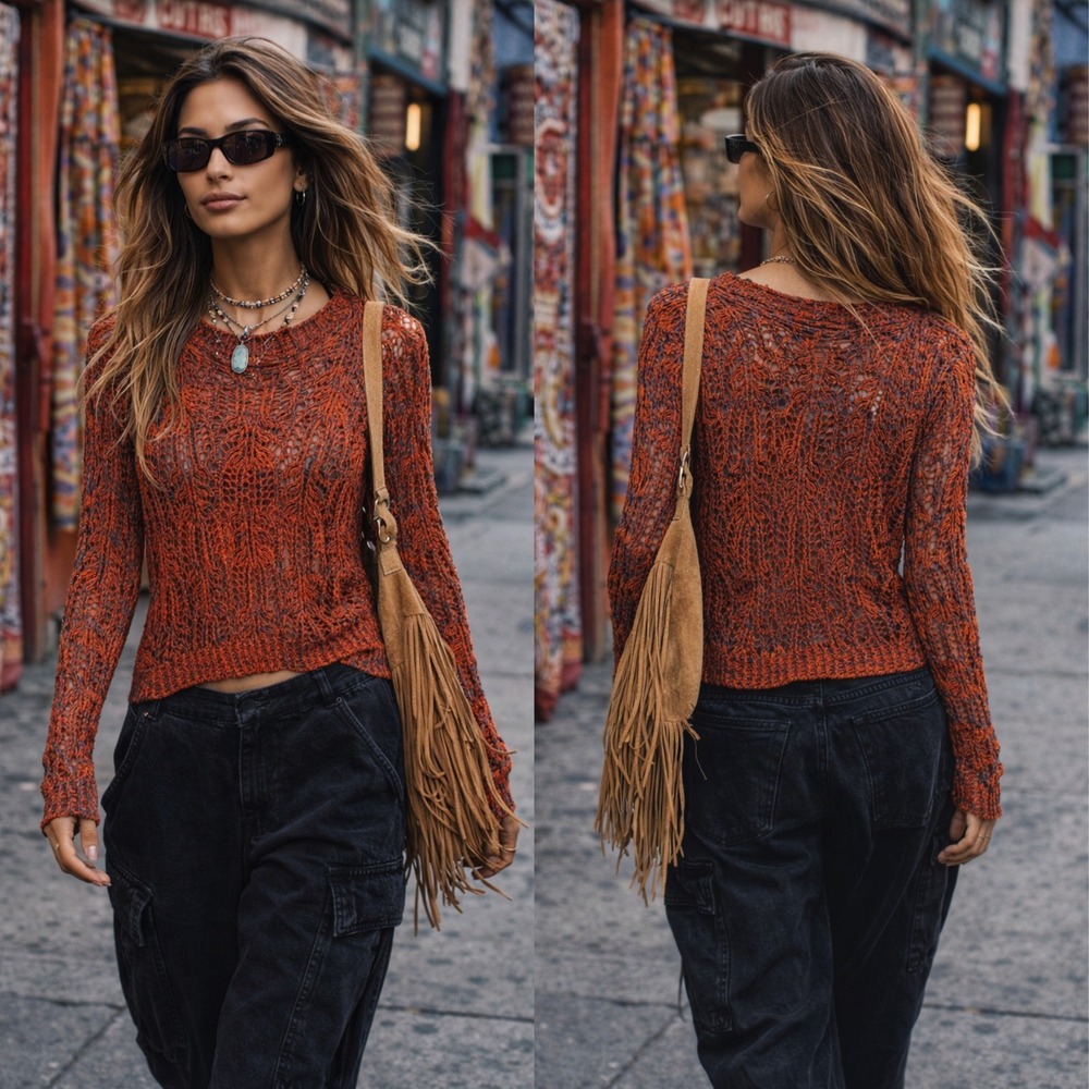 Ulla Johnson Top Sweater Pullover Knit Crochet Red Long Sleeve Western Cotton S